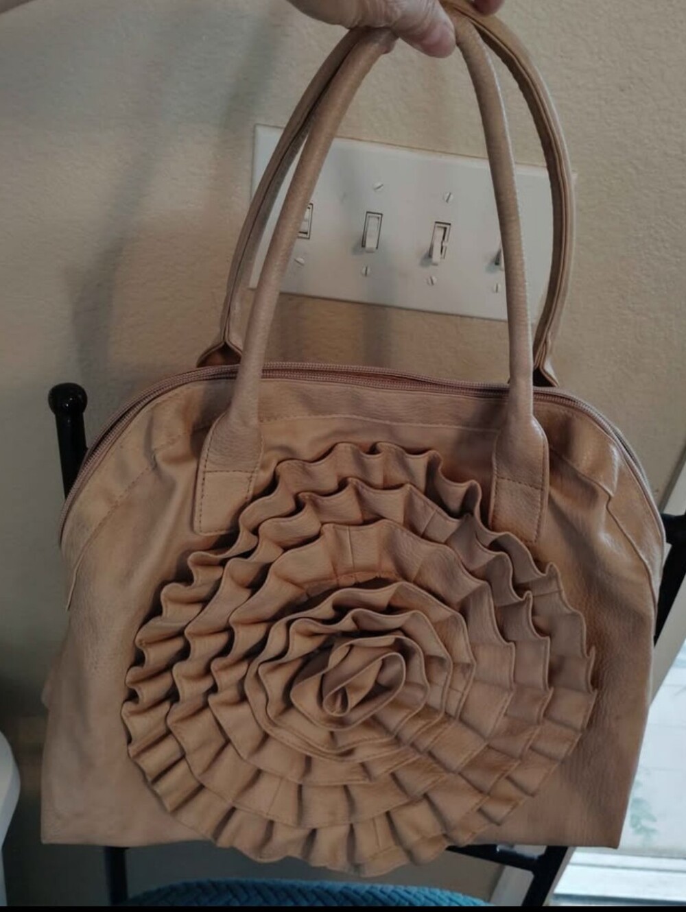 Women's Tan Floral Ruffle Tote Bag